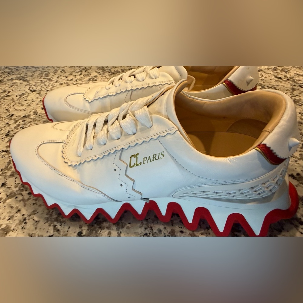 CL Paris White Leather Sneakers with Red Zigzag Sole - Picture 2 of 7